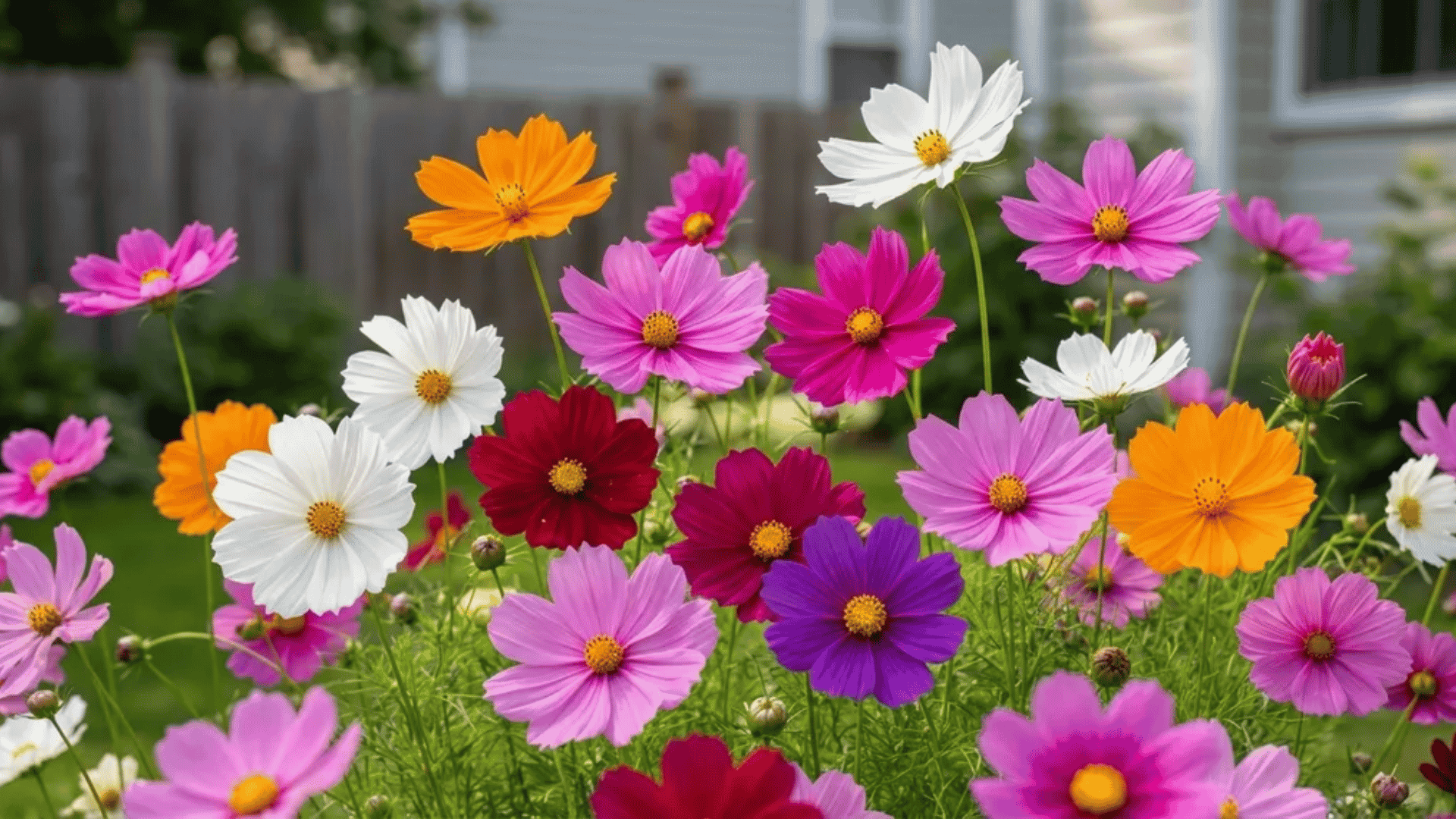 Mixed cosmos flowers in pink, white, orange, purple, and red growing in an outdoor garden bed.