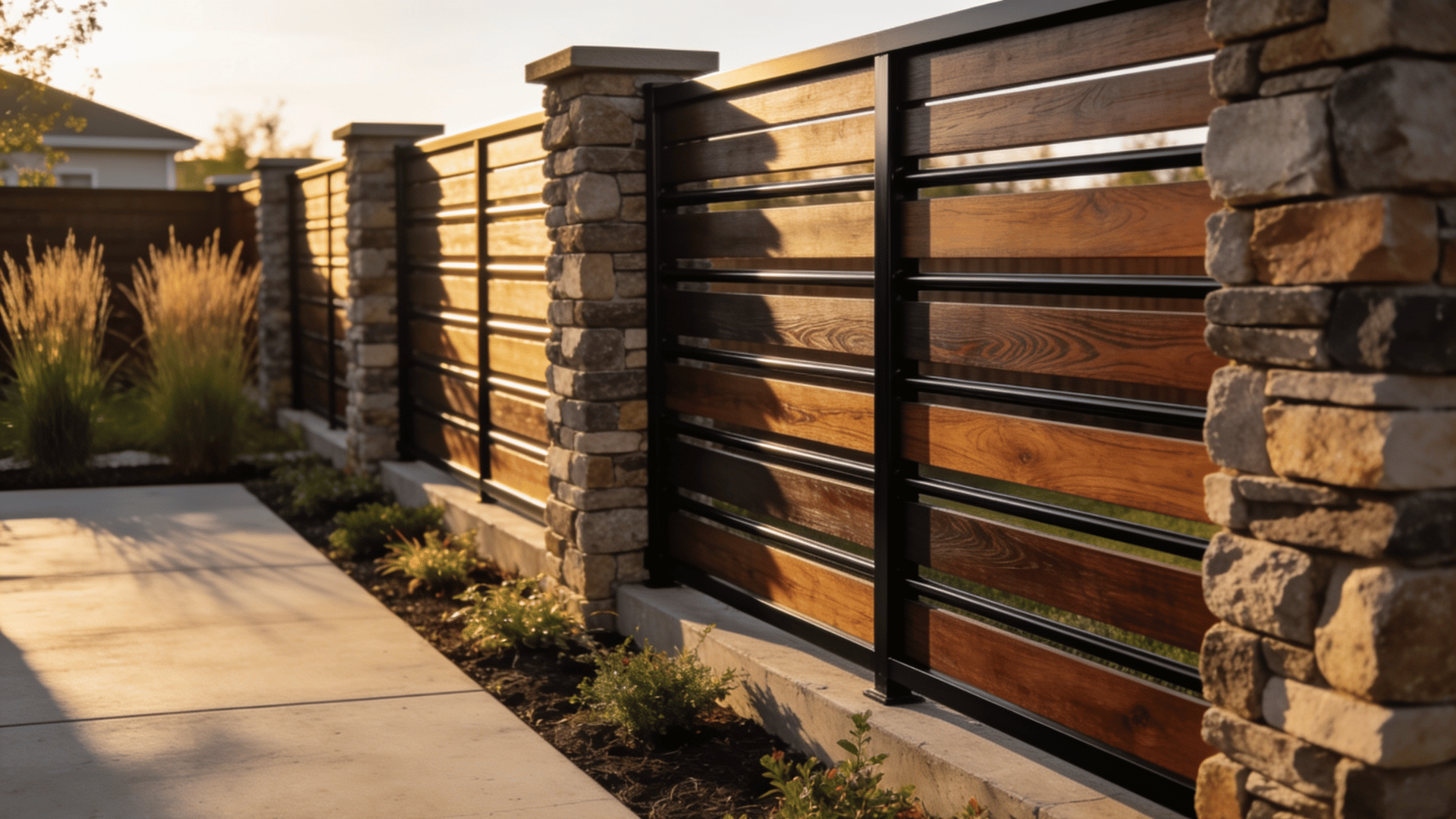mixed material fence with wood panels metal framing and stone columns lining a landscaped walkway in warm evening light