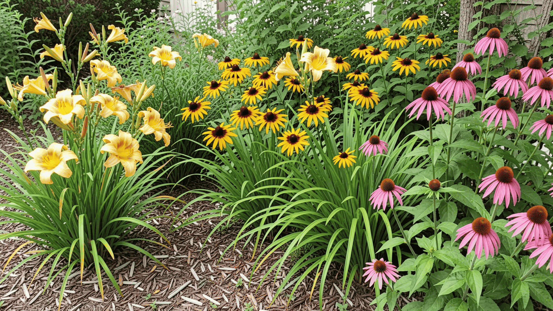 Mixed perennial garden bed with daylilies, black-eyed susans, and coneflowers