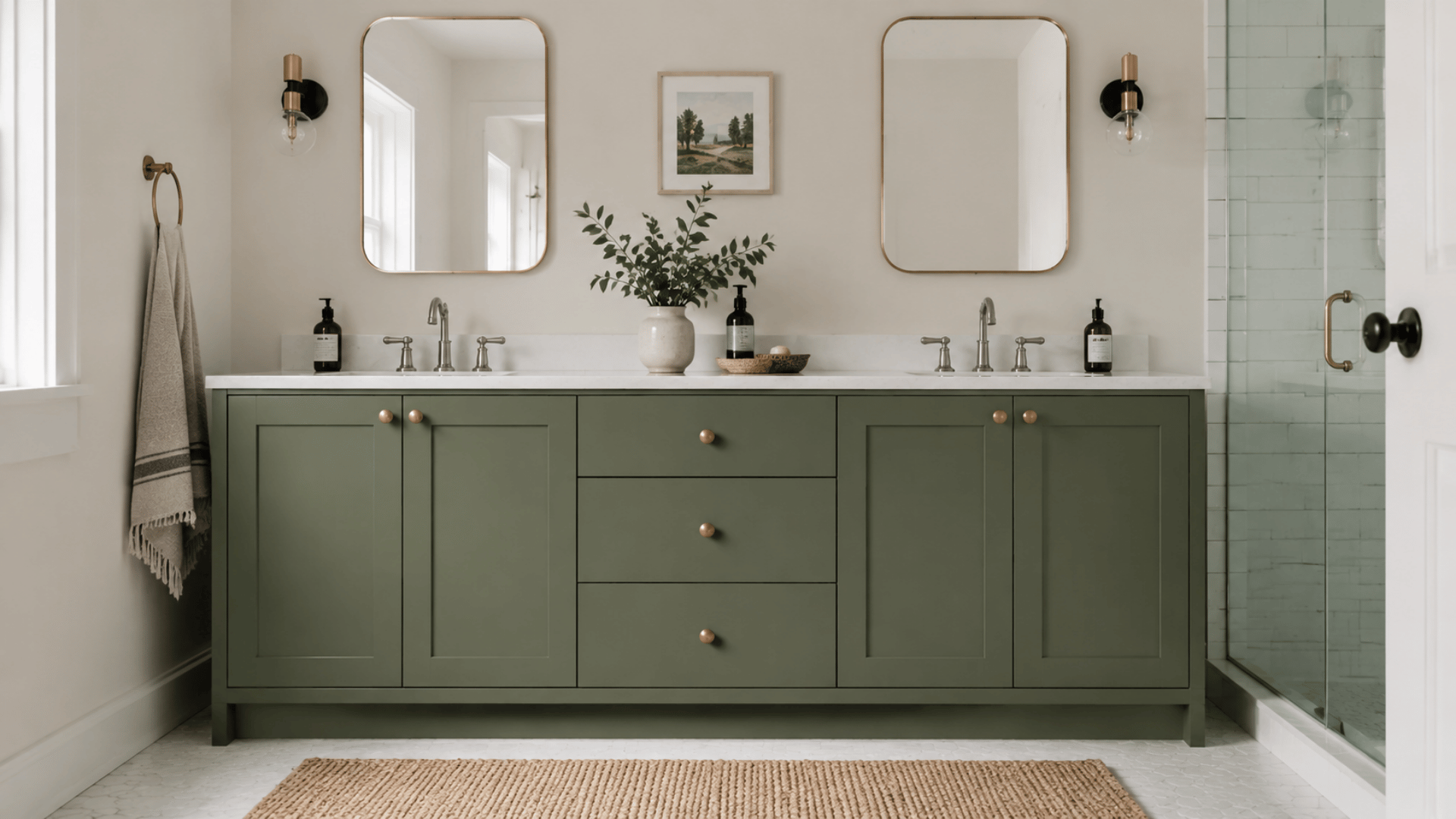modern bathroom vanity of diy painted box style and visible shower area natural daylight coming from window with mirrors and neutral theme decor