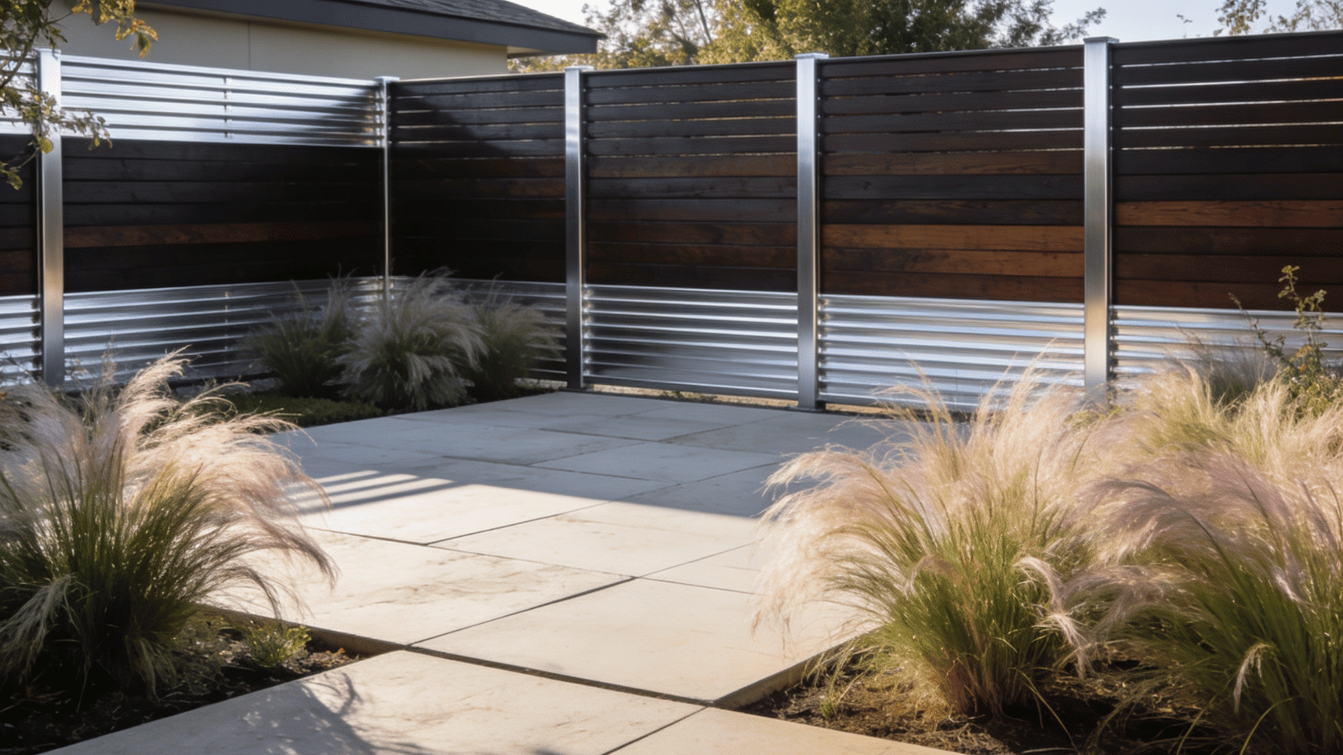 modern corrugated metal and wood fence surrounding a minimalist patio with ornamental grasses and contemporary landscaping elements