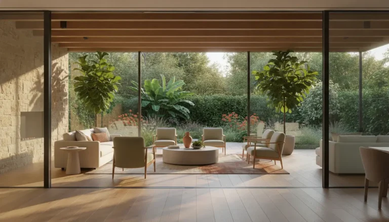 Modern living room with light furniture and floor-to-ceiling windows overlooking lush garden