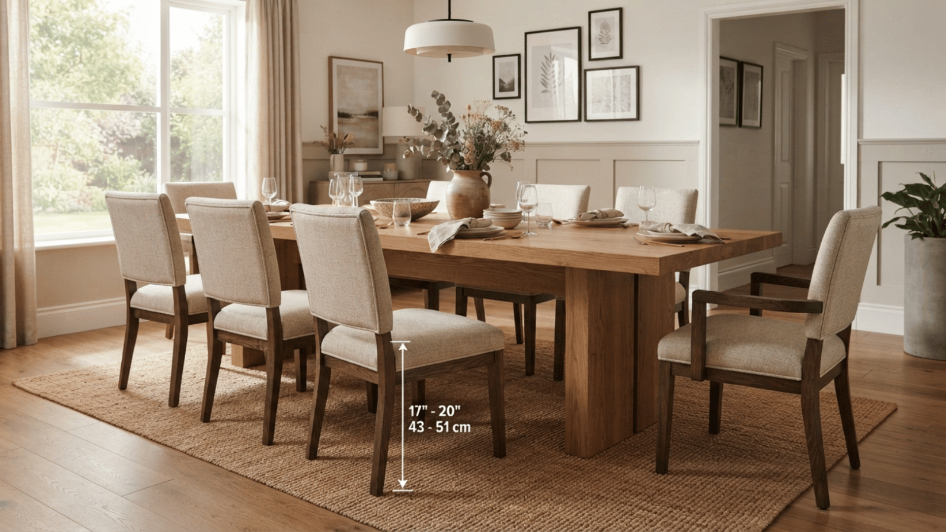 modern dining room with long table and chairs showing standard seat height measurement for comfortable seating setup