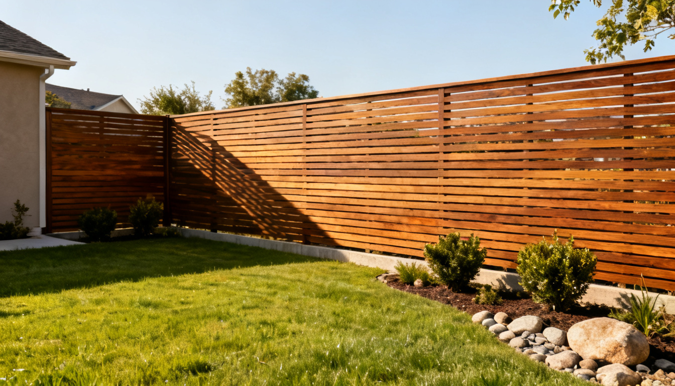 modern horizontal slat wood fence surrounding a landscaped backyard with green lawn, shrubs, and natural stone border in sunlight