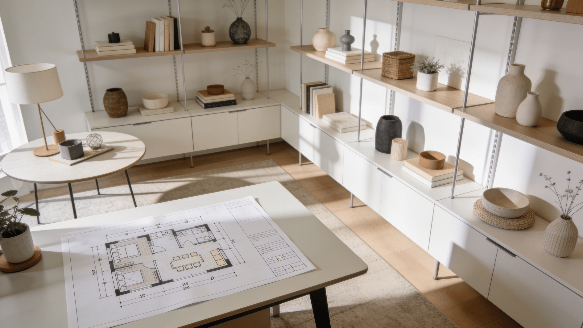 modern interior design studio with shelves, decor objects, and a table holding a floor plan drawing