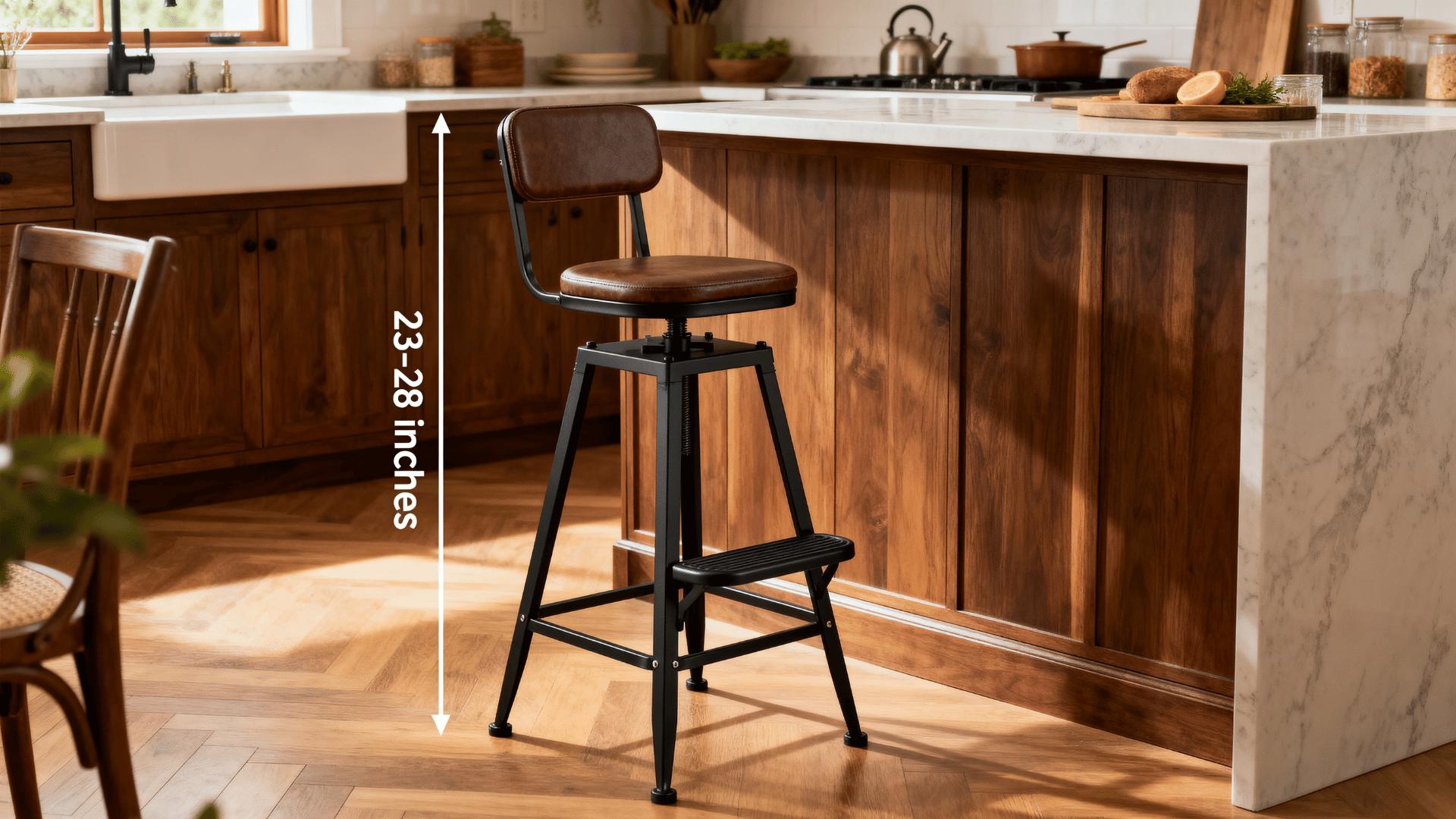 modern kitchen counter stool showing elevated seat height marker footrest and compact frame design in warm kitchen setting