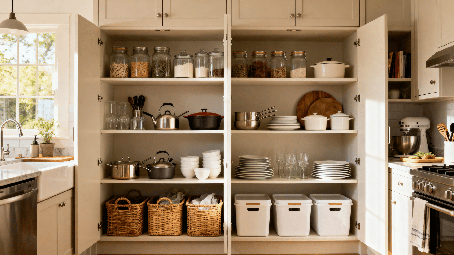 modern kitchen with organized cabinets showing neatly arranged cookware, containers and storage solutions in a bright home setting