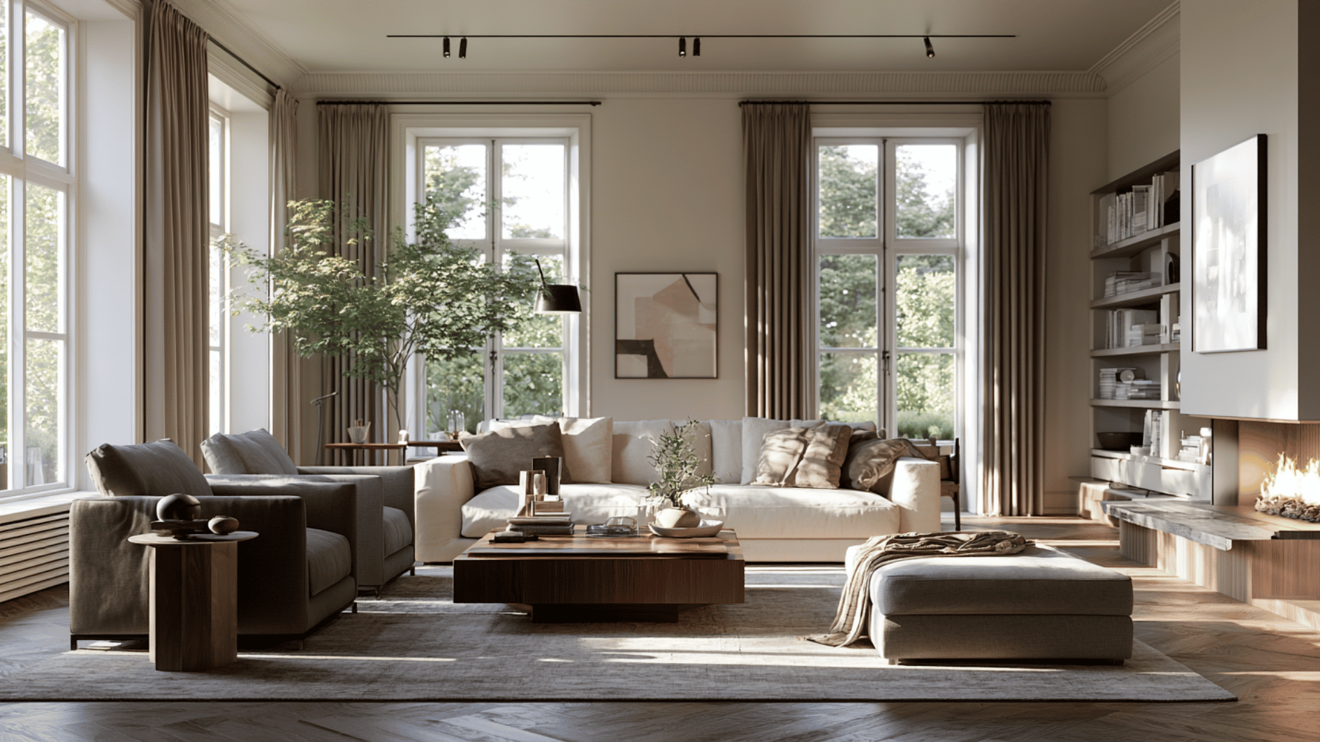 modern living room with balanced furniture, large windows, neutral decor, and natural light