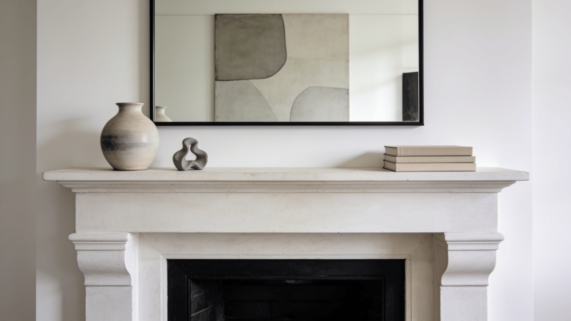 Modern minimal mantel with ceramic vases, books, artwork, and a sleek fireplace design.