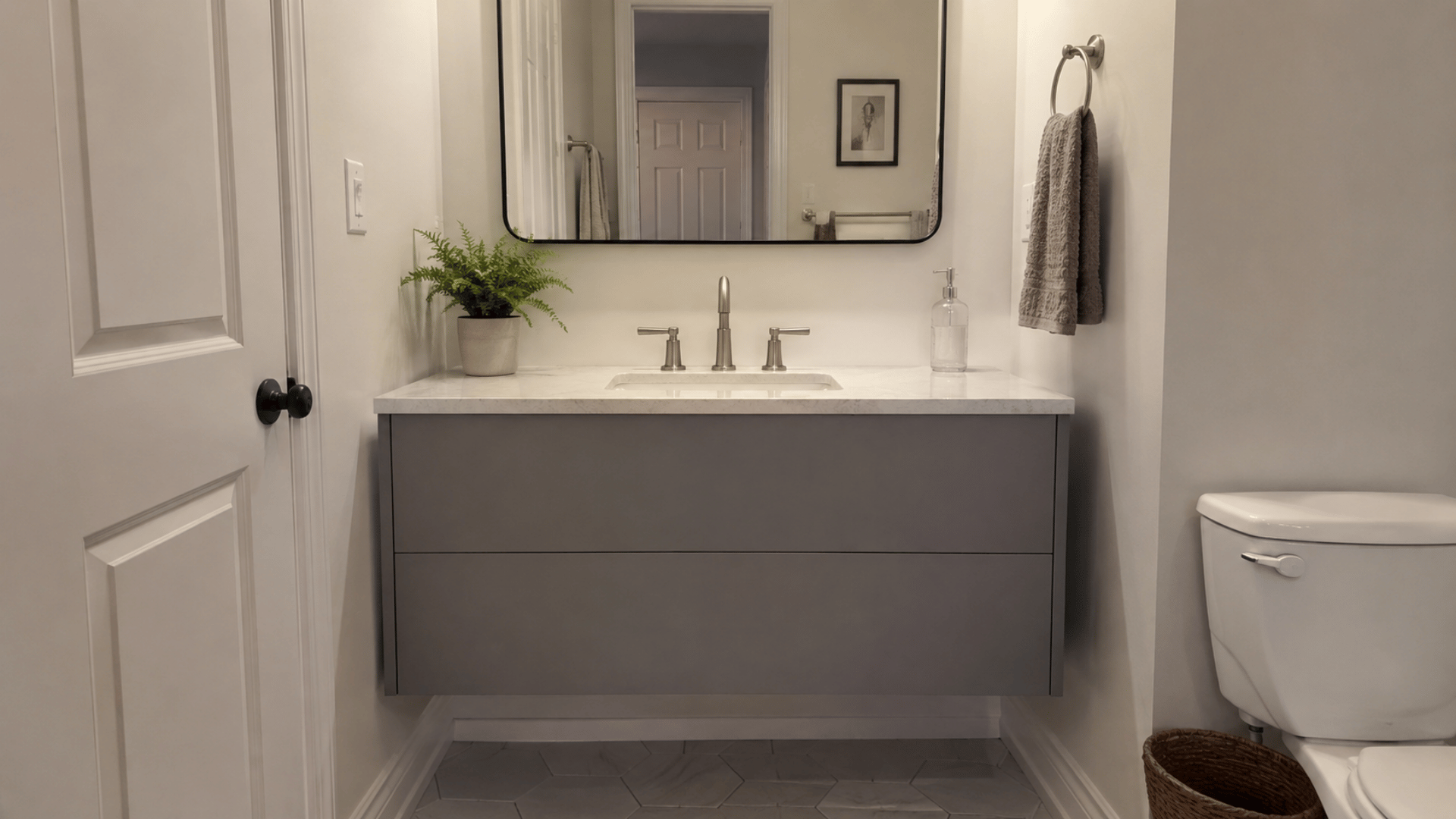 modern minimalist style bathroom with hidden drawer diy bathroom vanity setup in white indoor lighting and necessary items