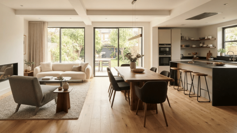 modern open plan room with dining chair office chair and counter stool showing varied seating heights furniture setup