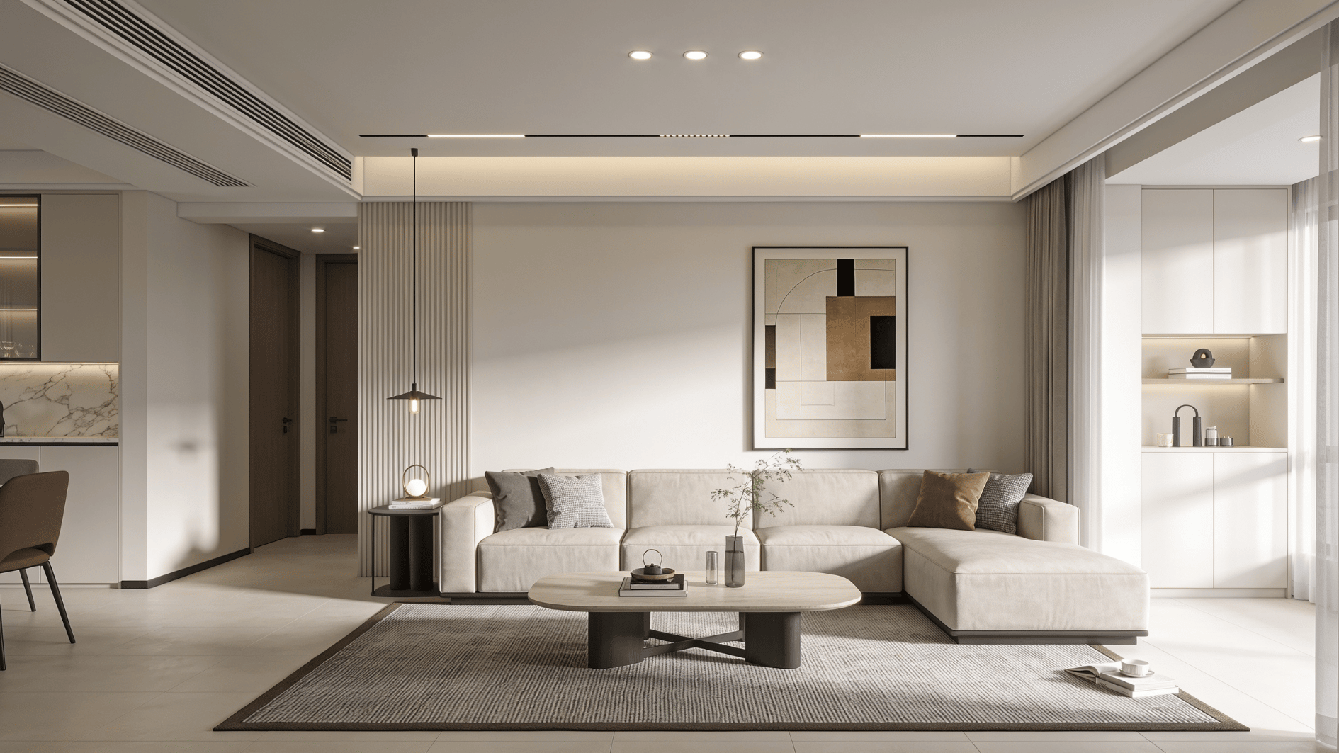 modern open-plan living room with beige sectional sofa, coffee table, rug, wall art, kitchen