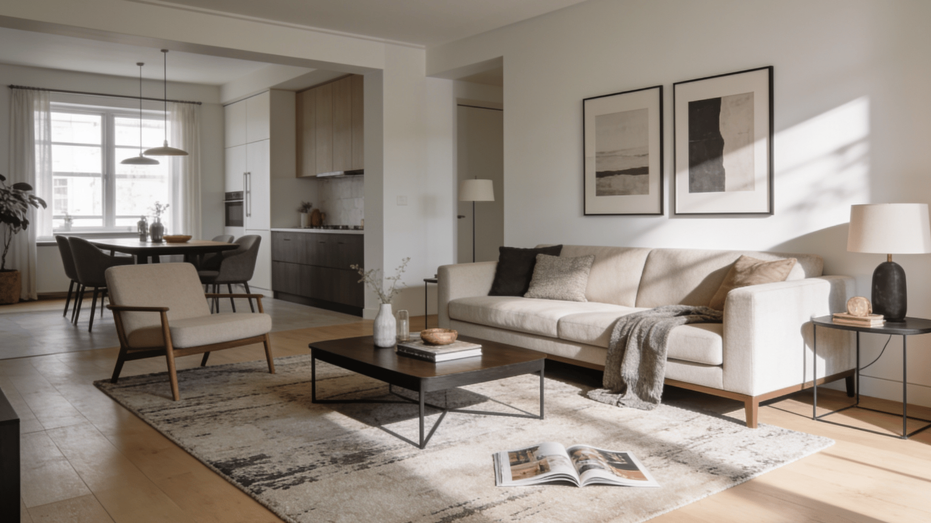 modern open-plan living room with sofa, armchair, coffee table, dining area, kitchen view, wall art
