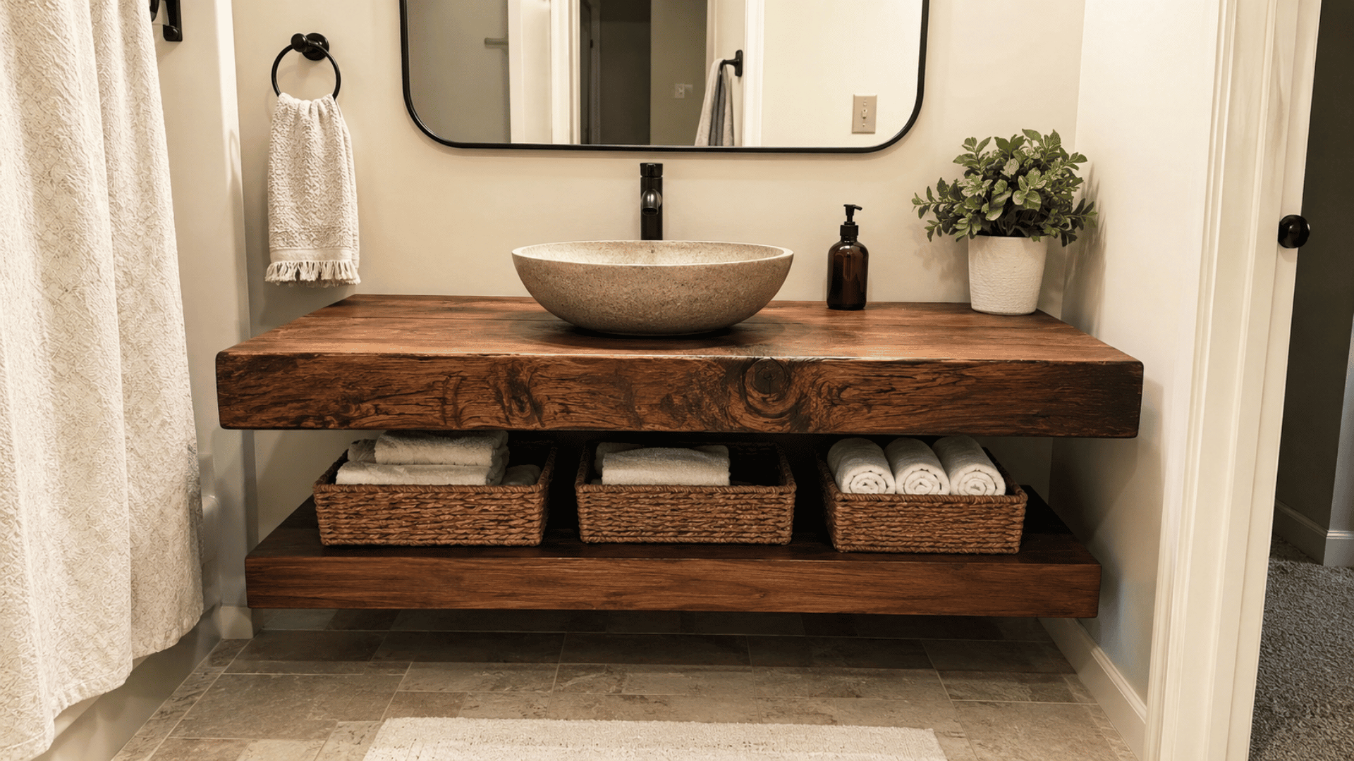 modern rustic style bathroom with thick wooden slab bathroom vanity a diy style bathroom vanity with sink towel and mirror