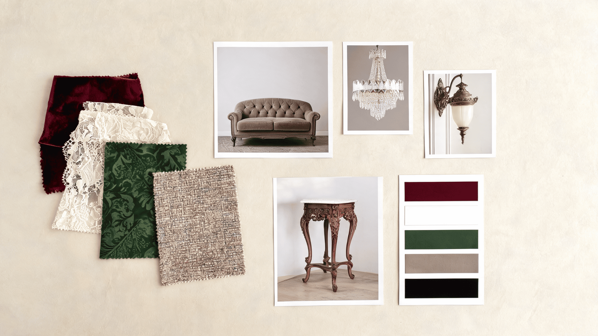 Flat lay of fabric swatches, furniture photos, lighting images, and color samples for modern Victorian mood board