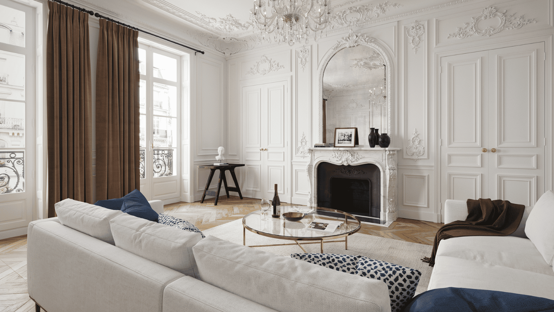 Modern Victorian interior design living room with white ornate walls and fireplace.