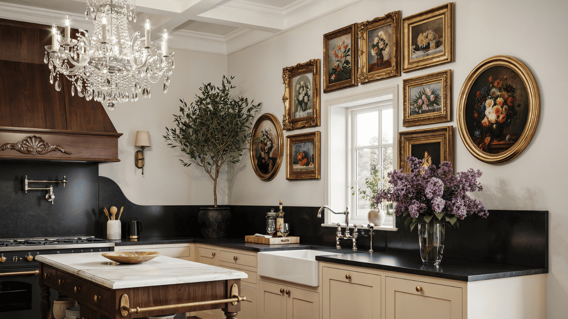 Elegant modern Victorian kitchen featuring a gallery wall of gold-framed art, an ornate crystal chandelier, and a marble island