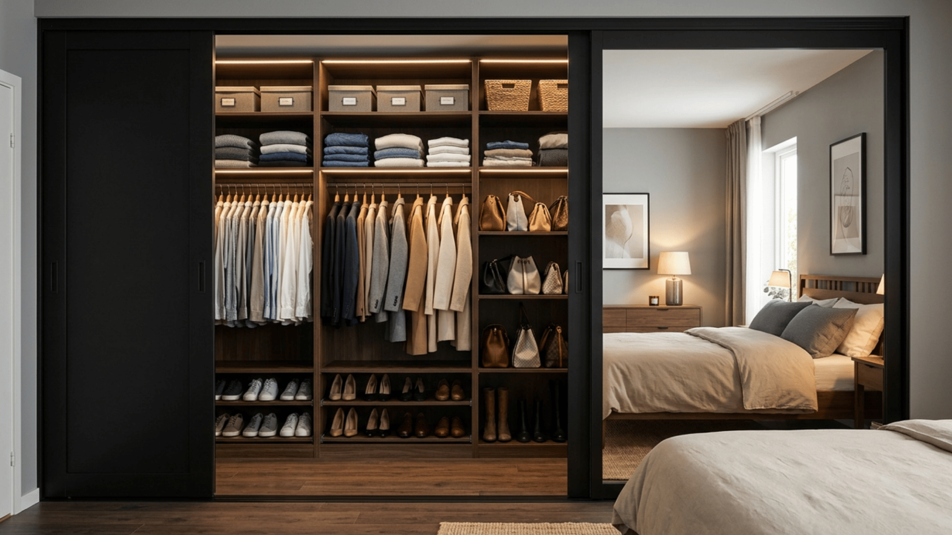 modern walk in closet with neatly organized clothing shoes and storage baskets beside a stylish bedroom with sliding doors and warm lighting