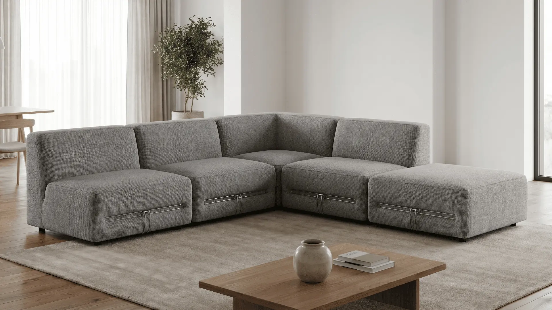 Modular sofa with visible sections connected to form an L shaped seating layout