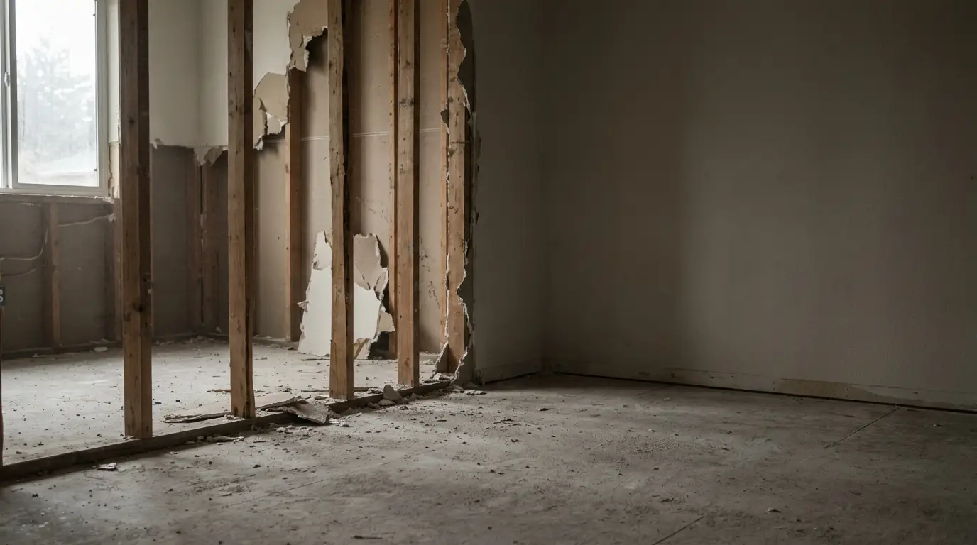 Empty room under renovation with exposed studs and drywall, debris on concrete floor