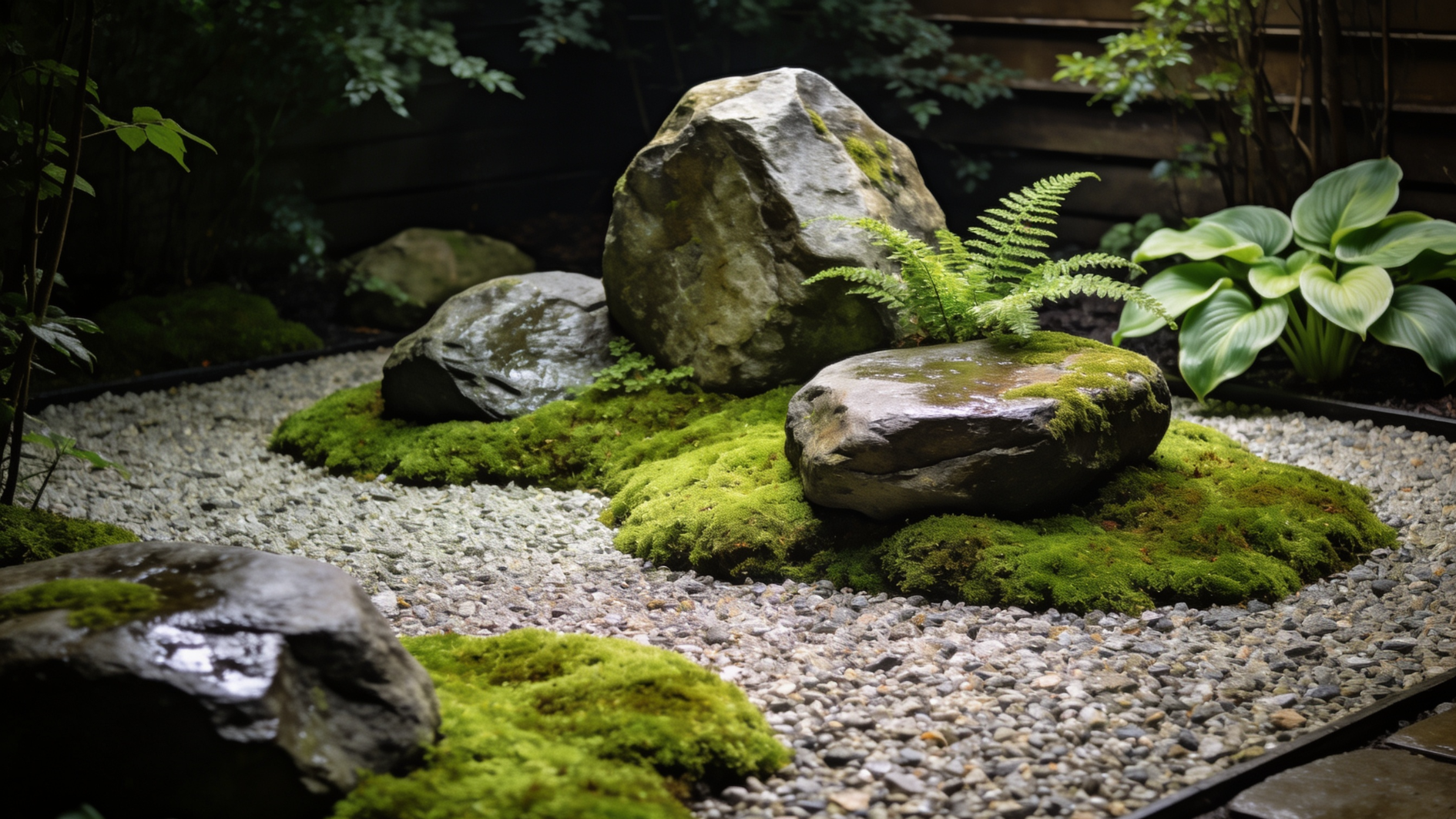 moss-covered rocks and ferns in a zen garden with gravel and greenery