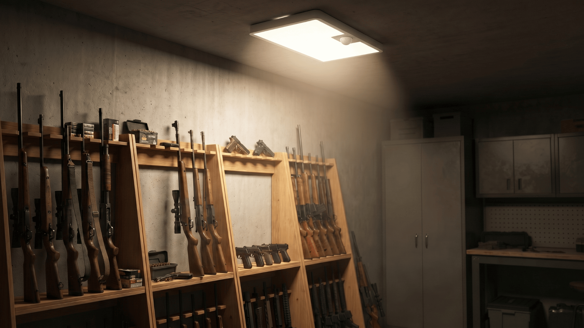 motion-sensor light illuminating firearms stored on racks in a gun room