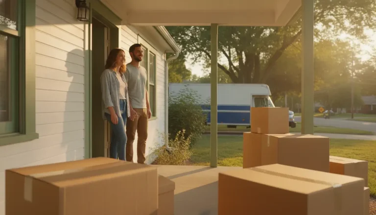 Couple standing on porch with moving boxes and truck during sunset