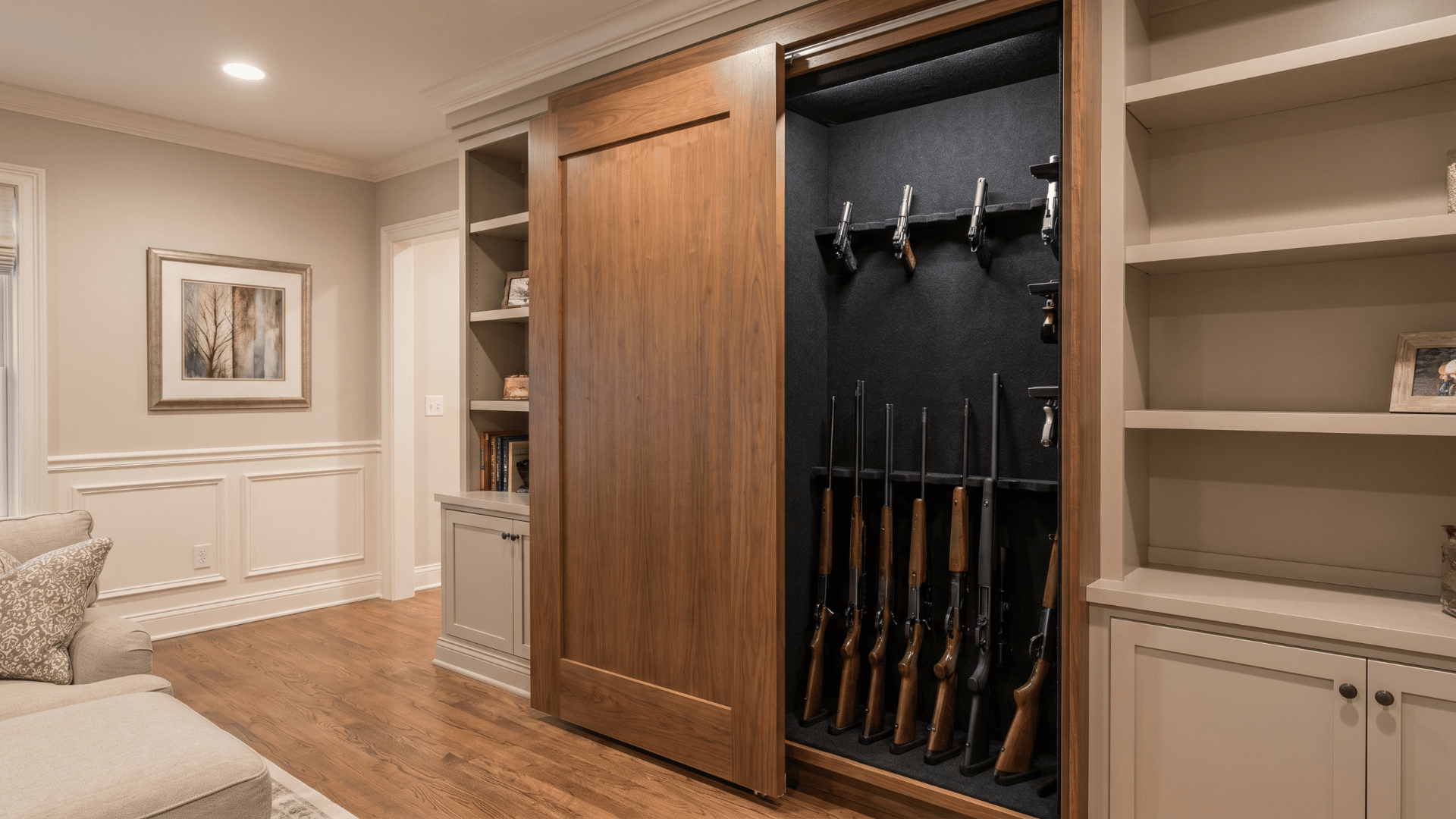 Murphy-style door partially open revealing hidden gun storage inside a home wall