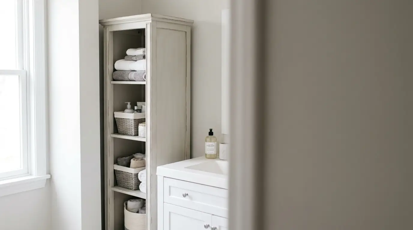Bathroom storage cabinet with towels and wicker baskets beside white sink in softly lit space
