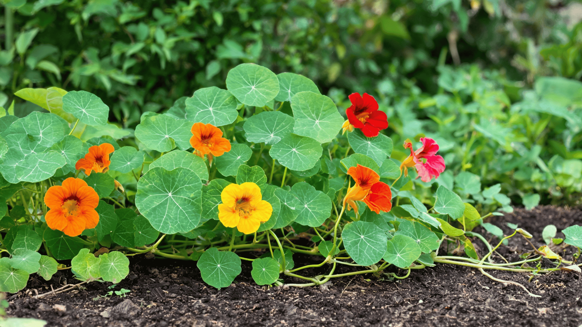 Nasturtium plant with round leaves and colorful flowers growing in a garden border.