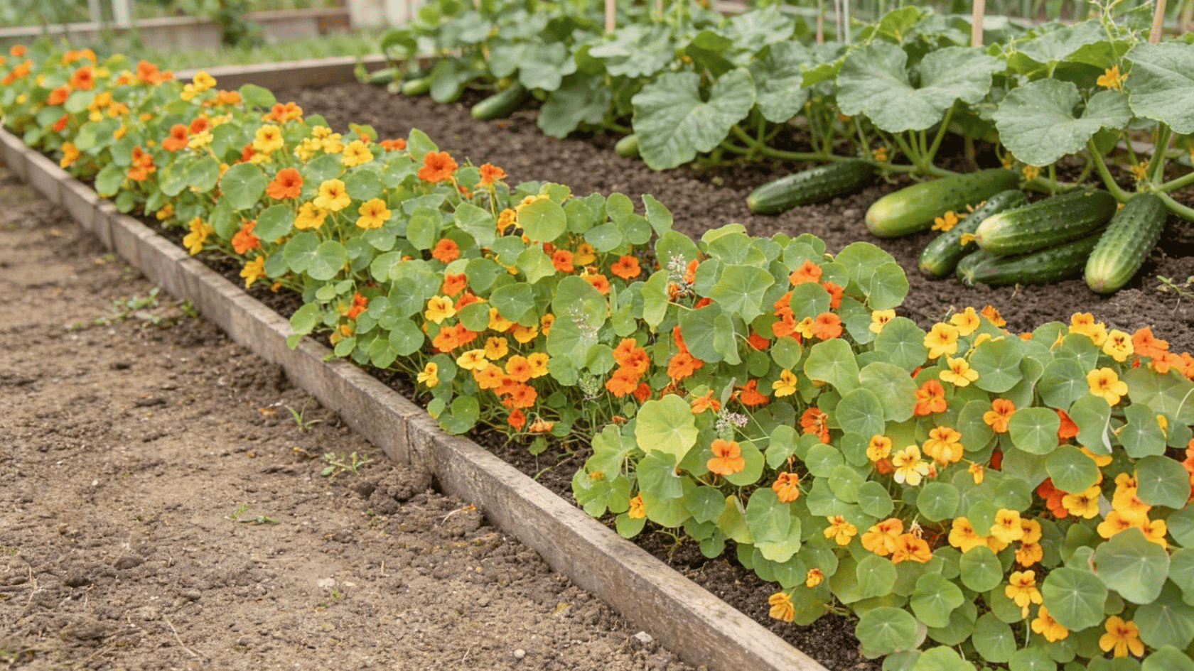 Nasturtium plants growing at edge of vegetable bed beside cucumber vines