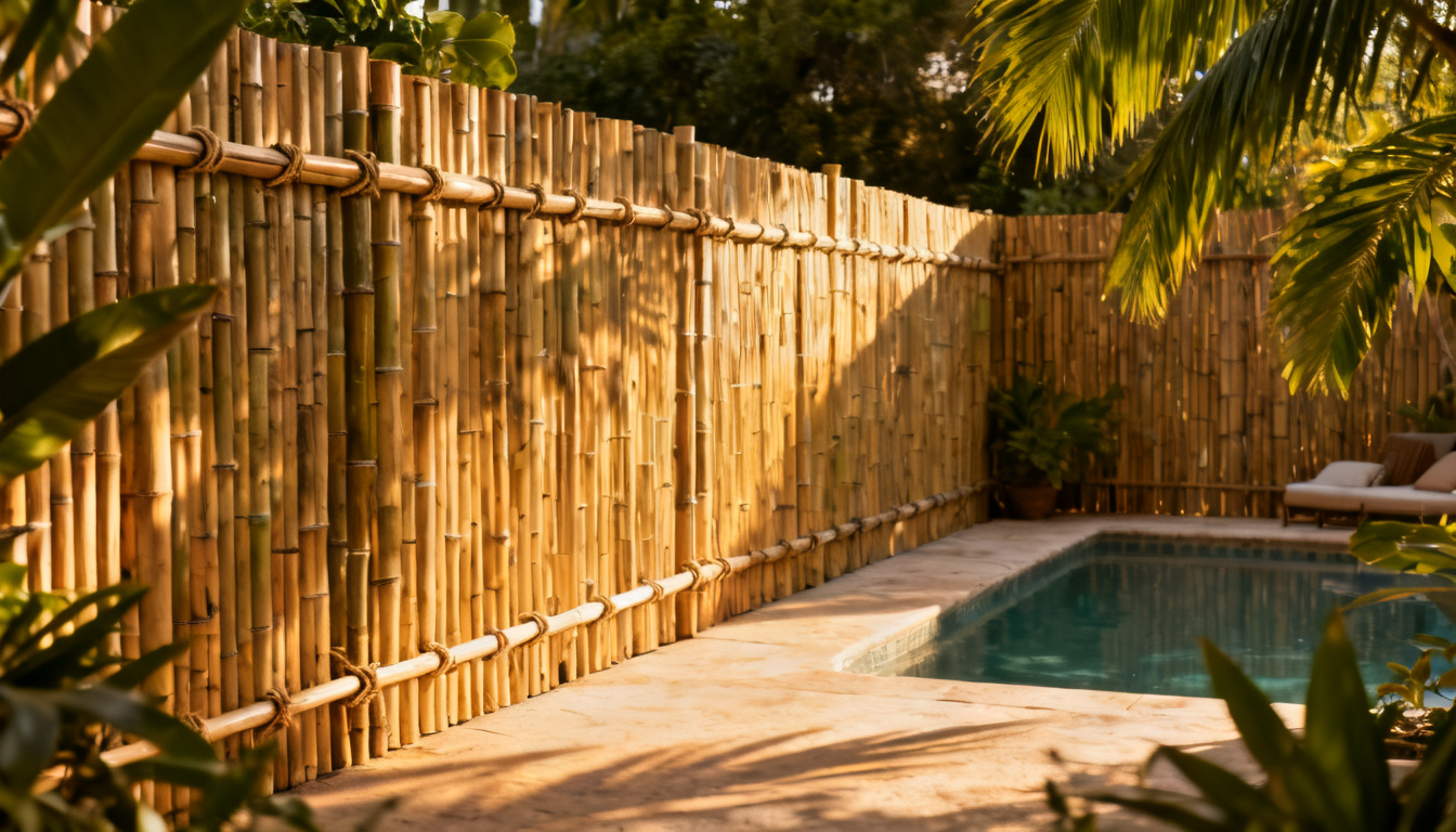 natural bamboo privacy fence surrounding a tropical backyard pool with palm trees, lush greenery, and warm sunlight filtering through leaves