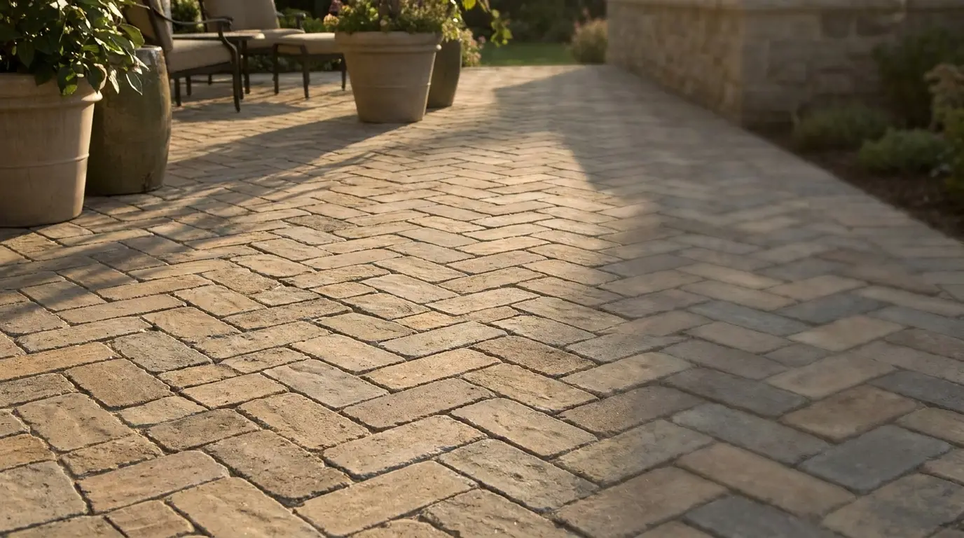 Brick patio with herringbone pattern and potted plants in outdoor setting with warm sunlight