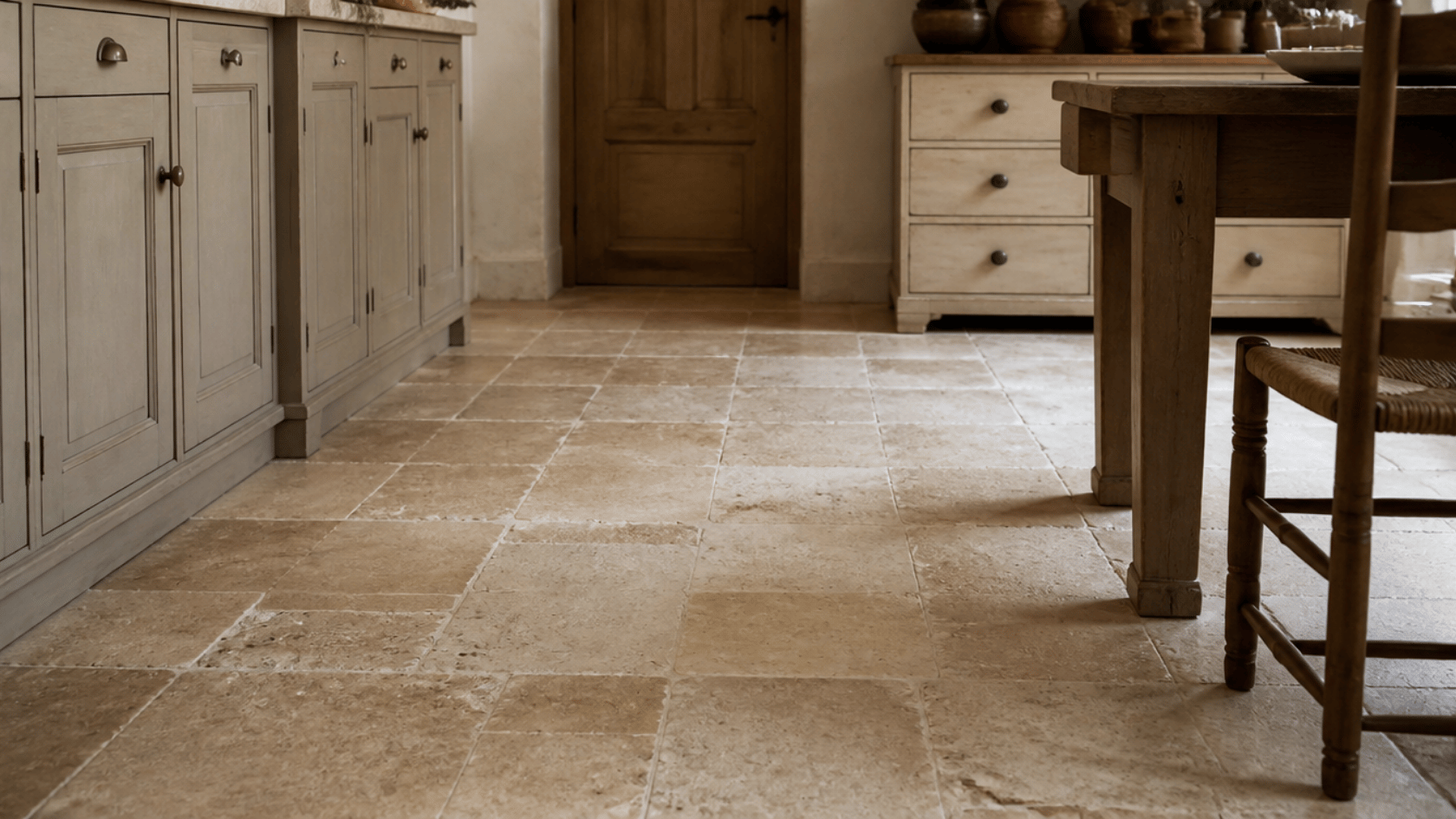 Natural stone floor tiles with slight color variation in a rustic French country kitchen
