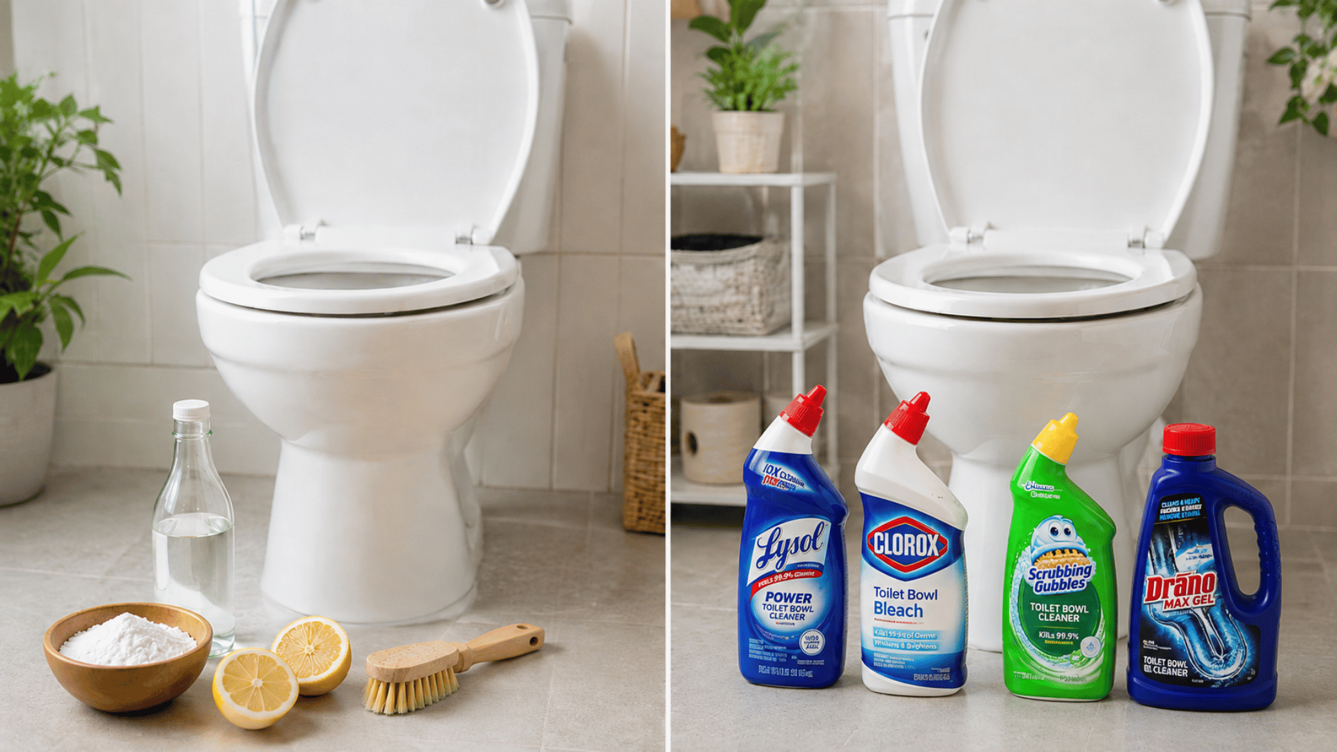 natural vs commercial bathroom cleaners side by side comparision pic to show the items options and multipile brands logos on commercial toilet cleaner