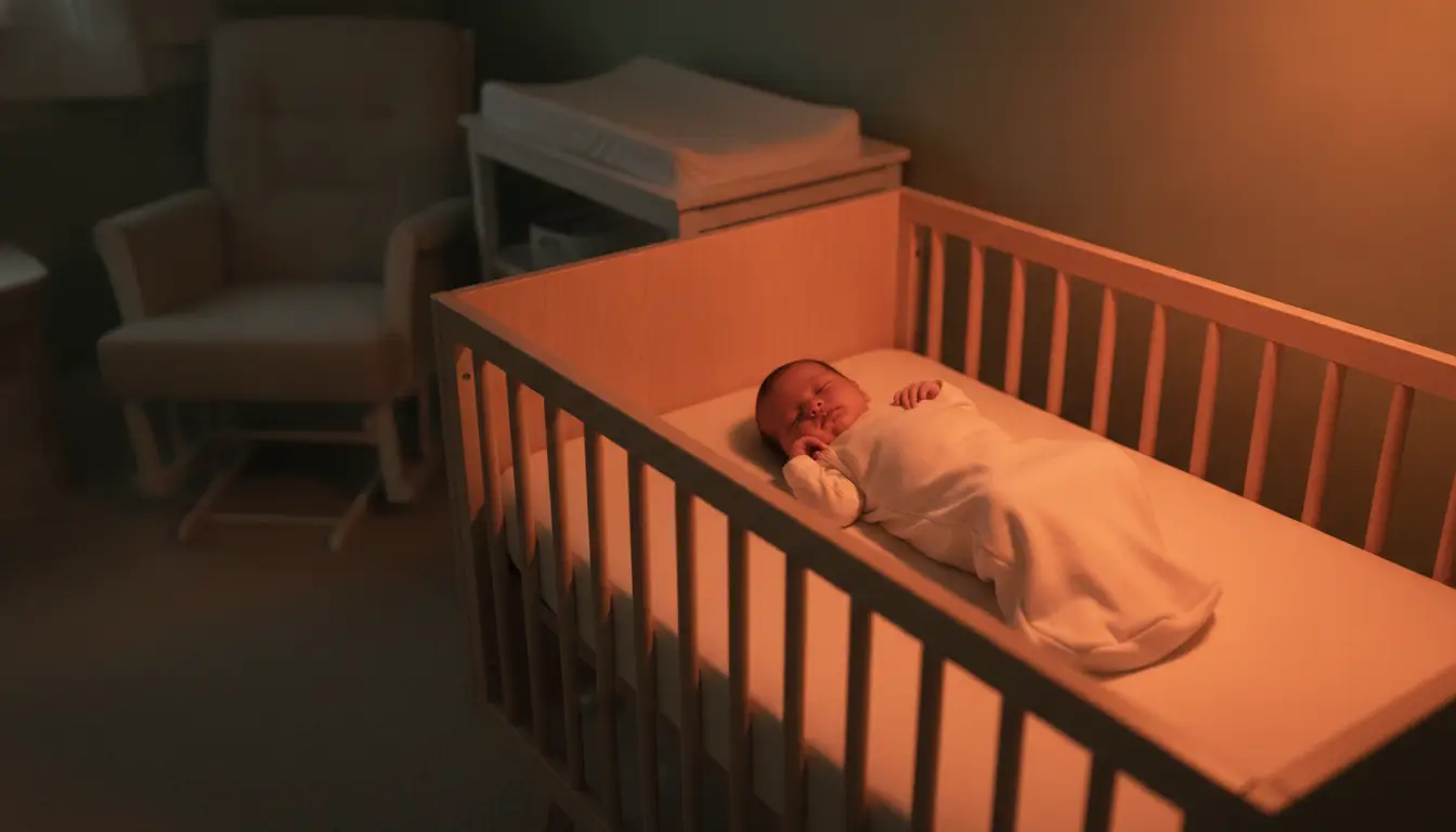 Sleeping baby in wooden crib under soft warm lighting in cozy nursery setting