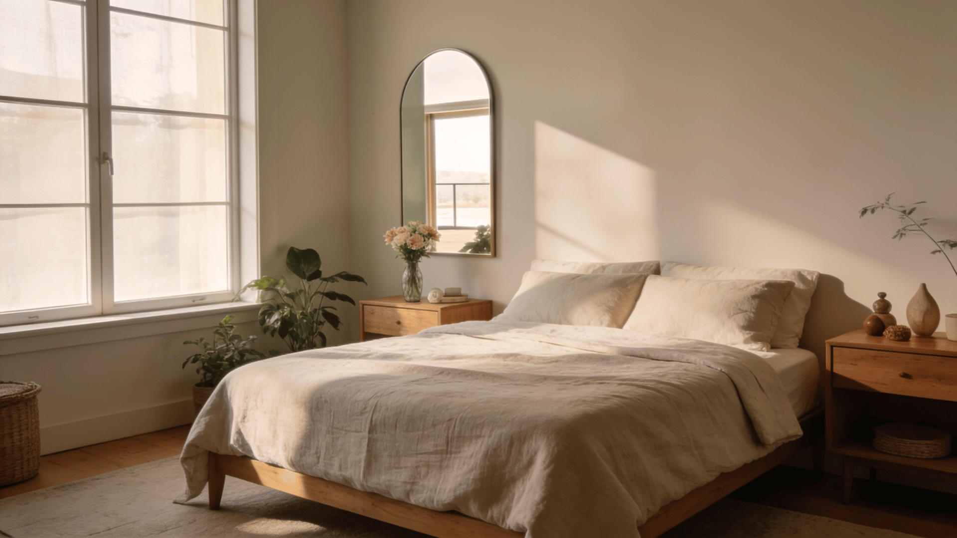 Mirror placed near a bedroom window reflecting natural light into the room.