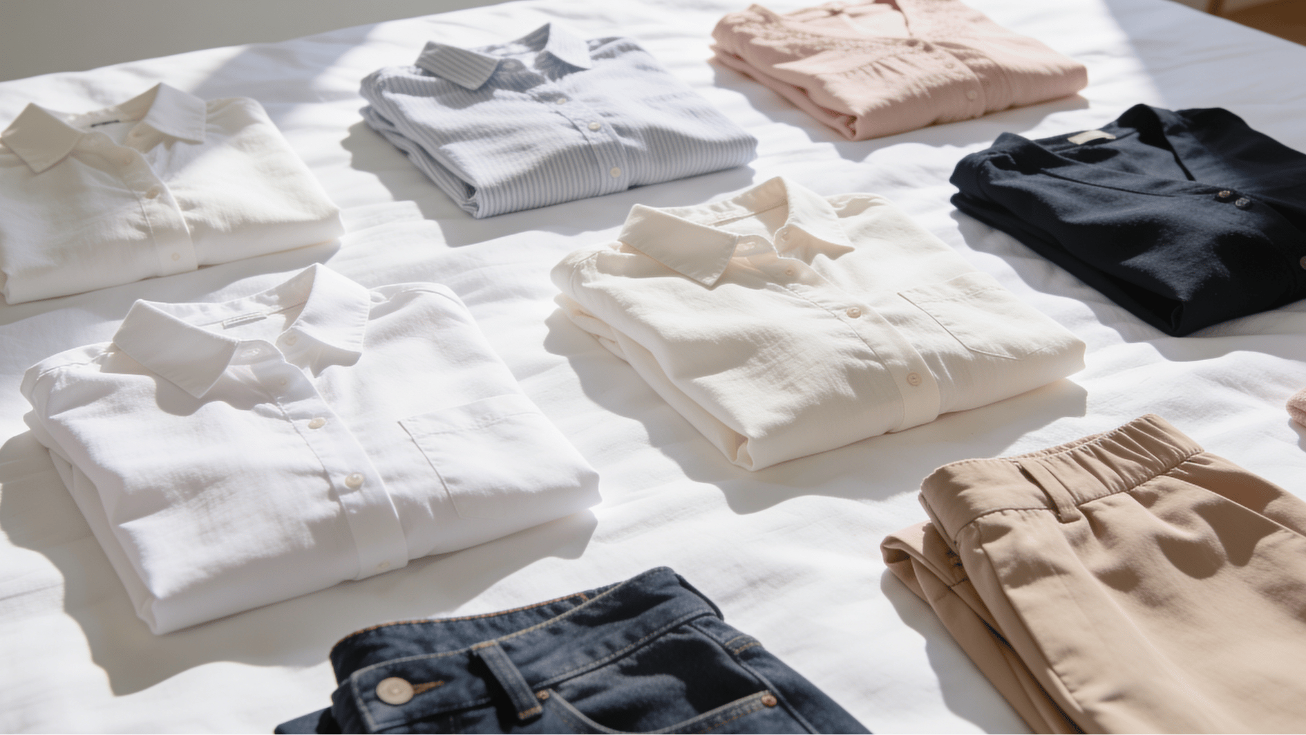 neatly folded casual shirts and pants arranged on white bed in soft natural light showing capsule wardrobe outfit