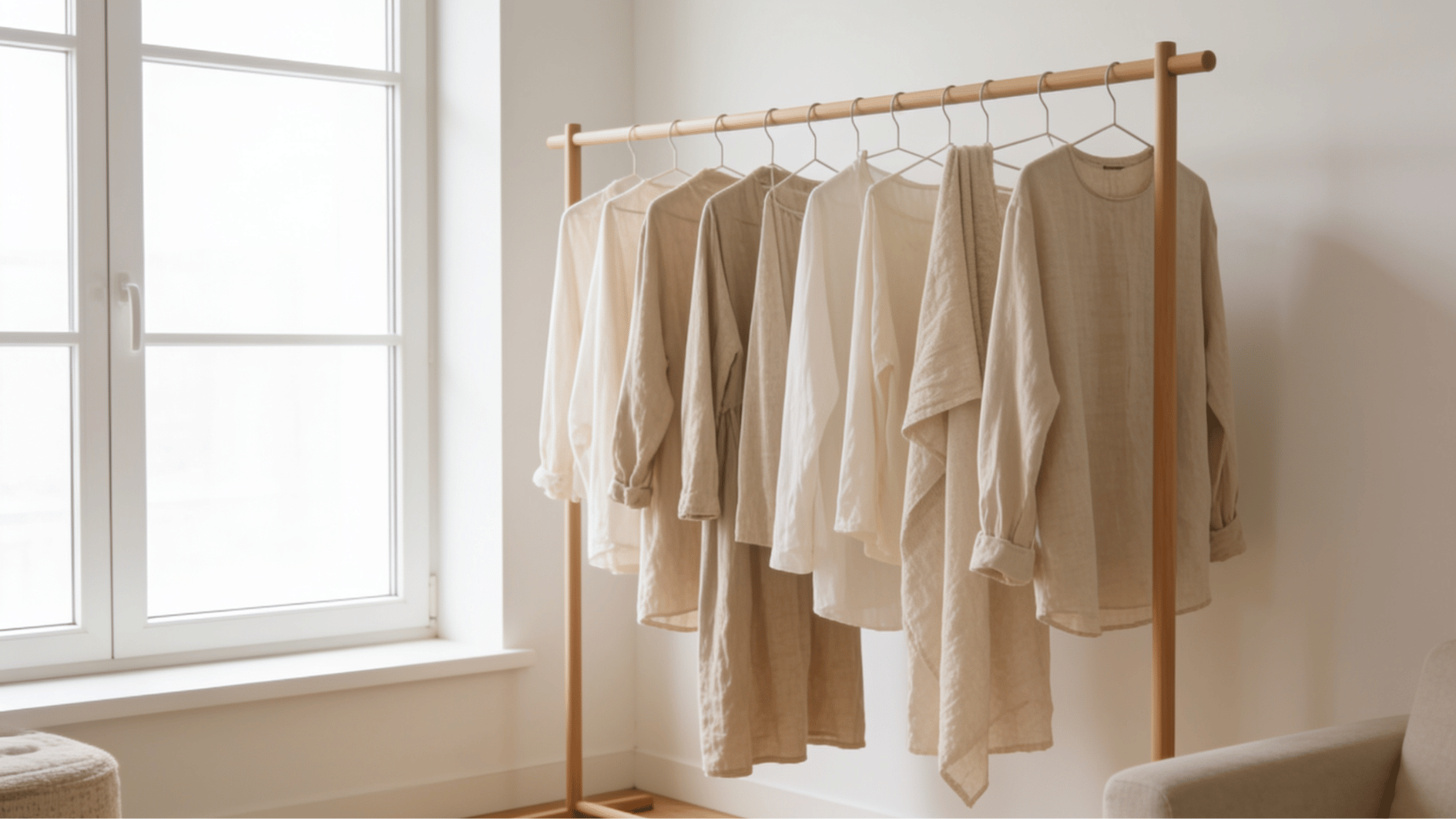 neatly hung linen garments on a wooden drying rack placed beside a bright sunny window