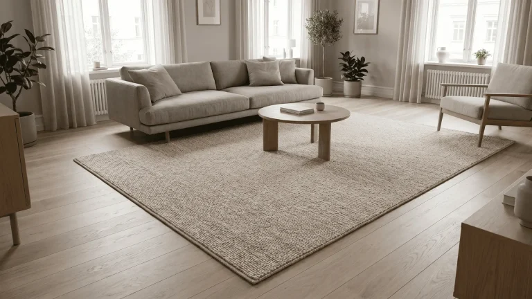 Neutral rug placed under sofa and table in a modern living room
