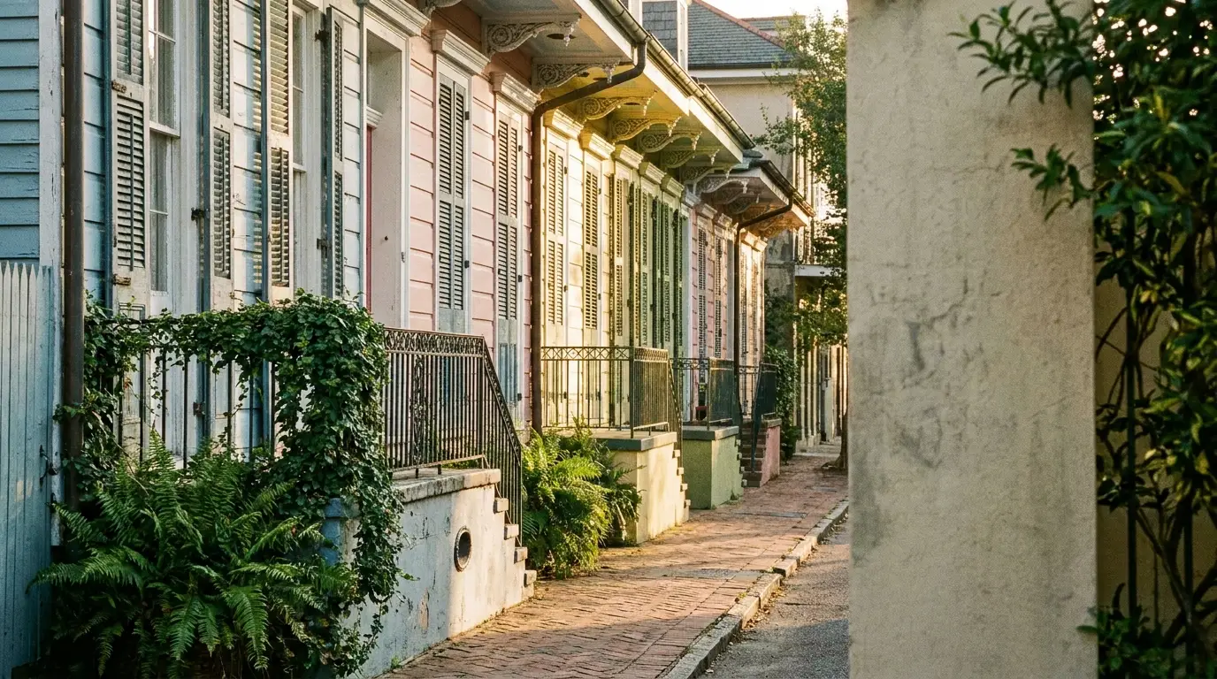 Colorful historic row houses with shutters and greenery along a sunlit street