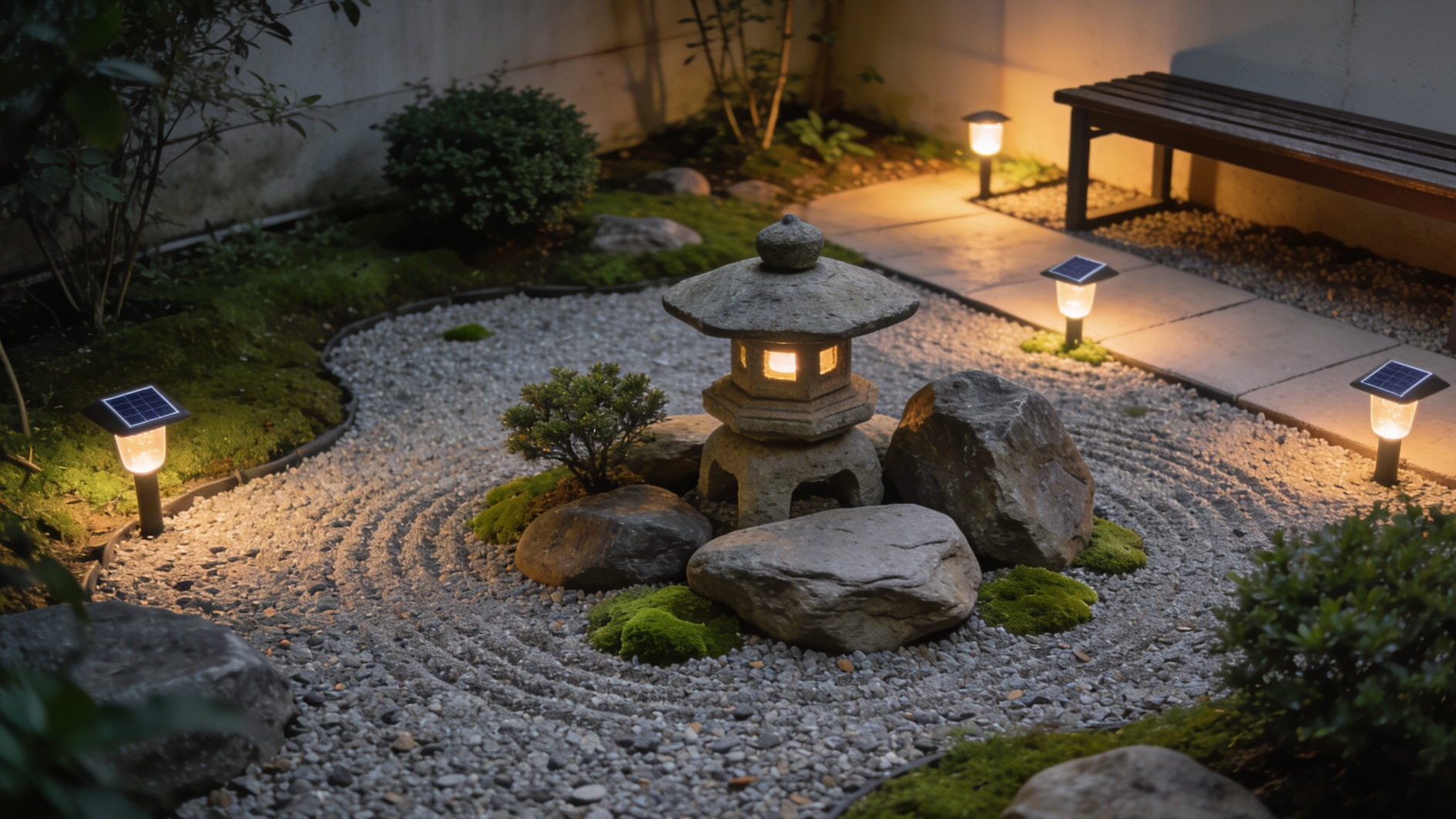 night zen garden with stone lantern, raked gravel, mossy rocks, solar lights, and bench