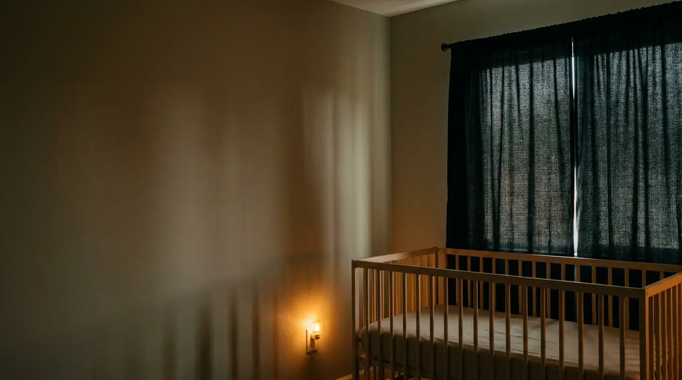 Wooden crib in dimly lit room with dark curtains and a softly glowing nightlight
