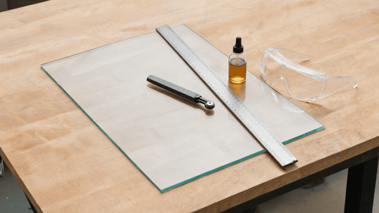 Glass cutting setup on wooden workbench with glass sheet, metal ruler, glass cutter, oil bottle, and safety goggles.