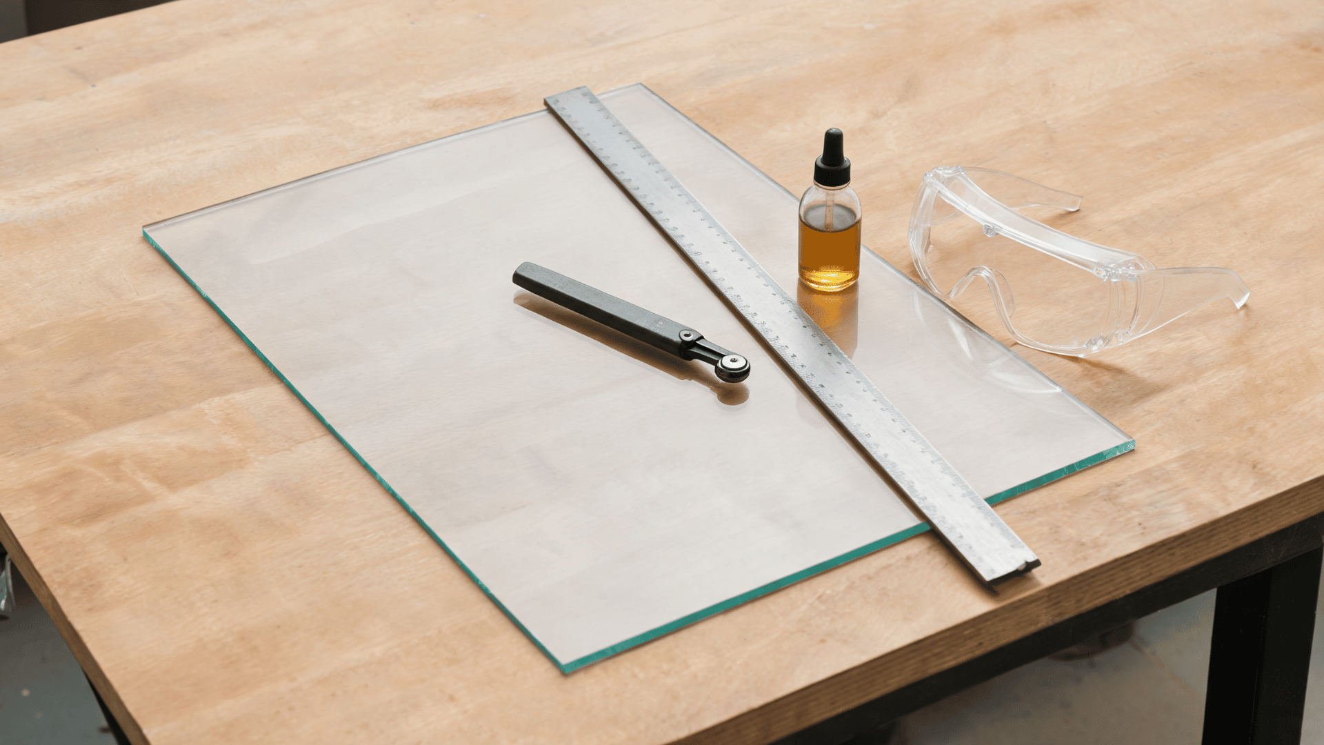 Glass cutting setup on wooden workbench with glass sheet, metal ruler, glass cutter, oil bottle, and safety goggles.
