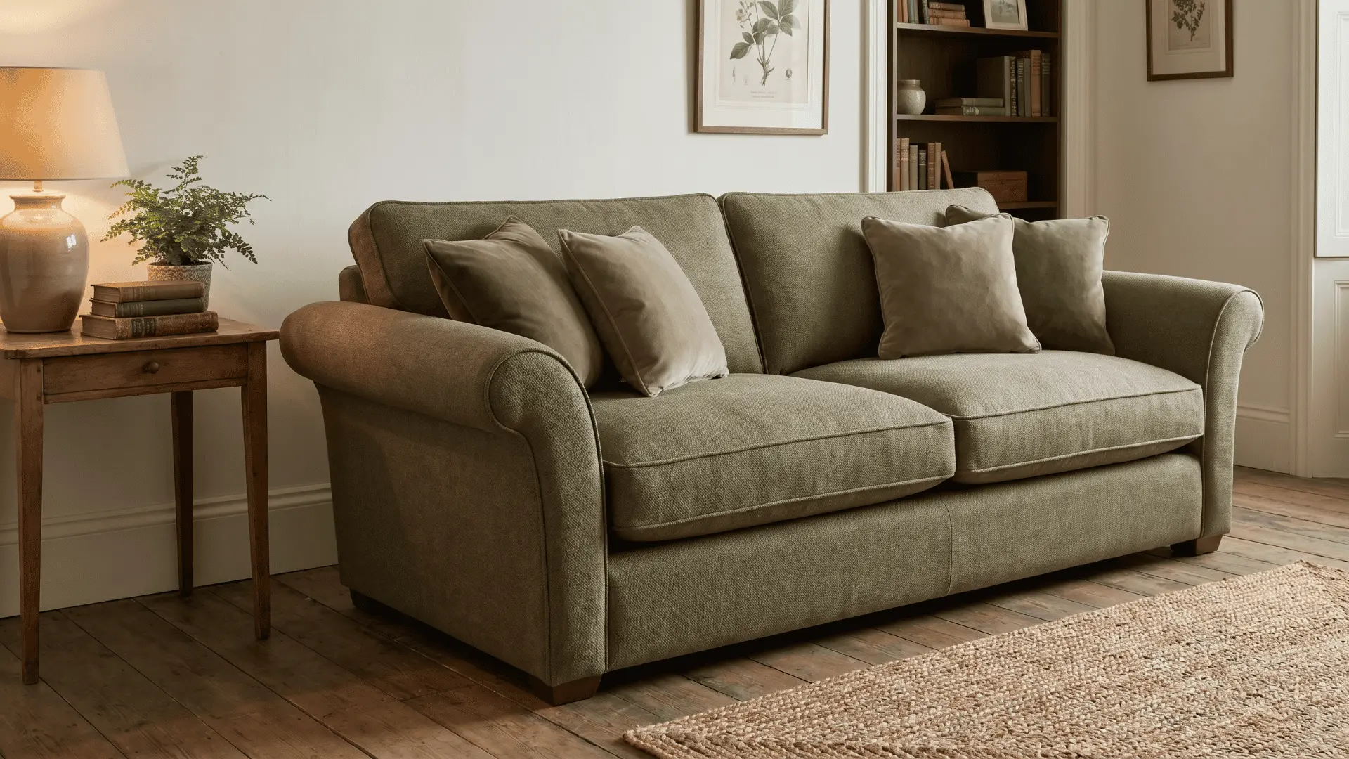 Olive green English roll arm sofa with low rounded arms and deep seating in a simple room