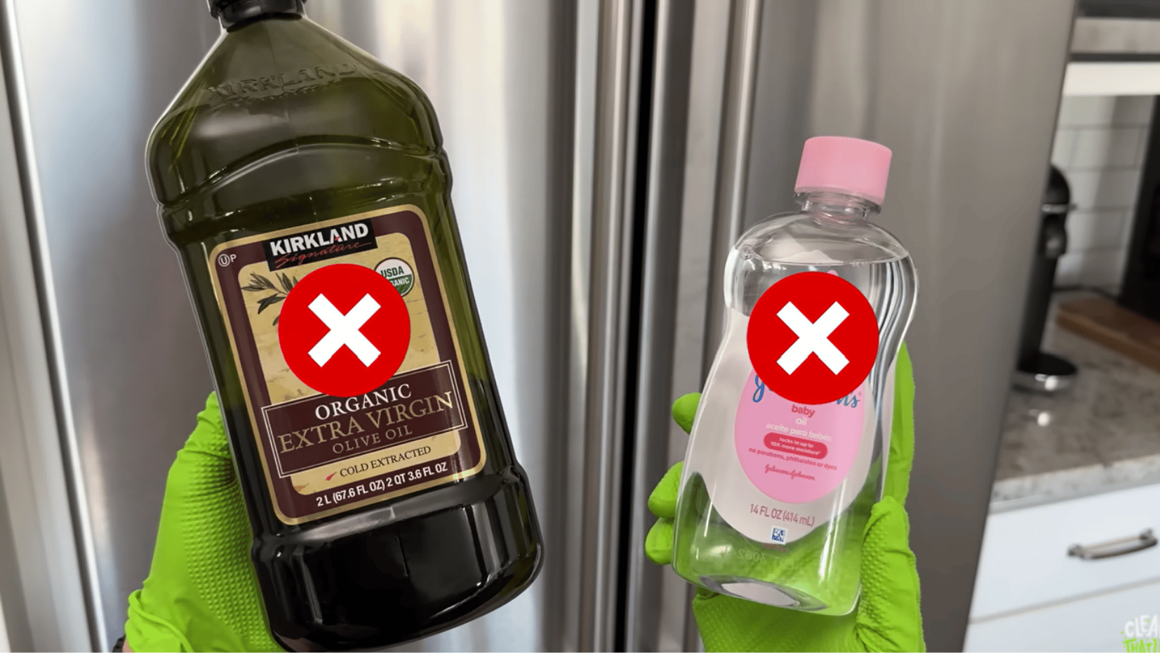 olive oil and baby oil with red cross symbols showing what not to use