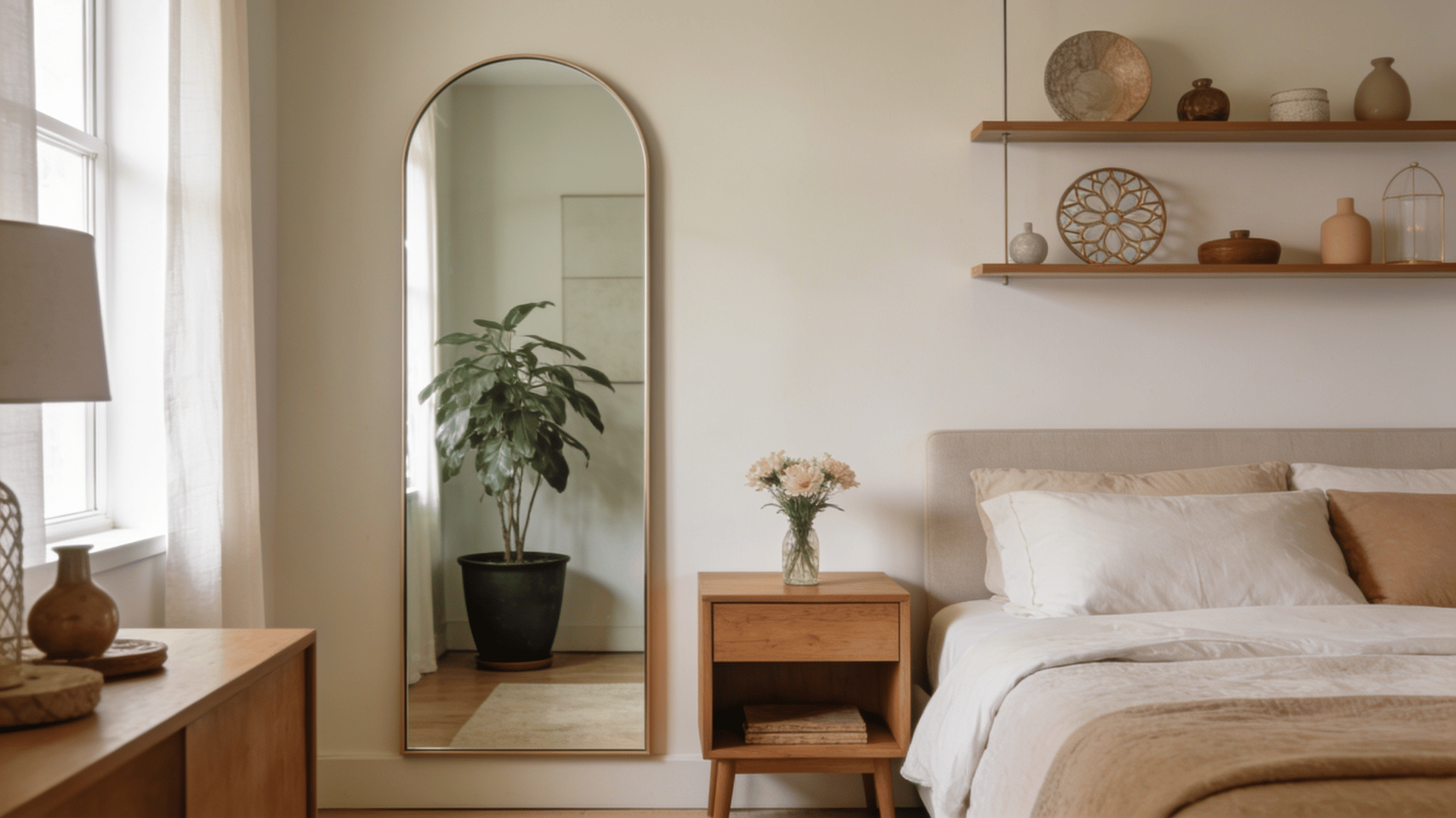 Mirror placed on a side wall beside a bed with bedroom decor and plants.