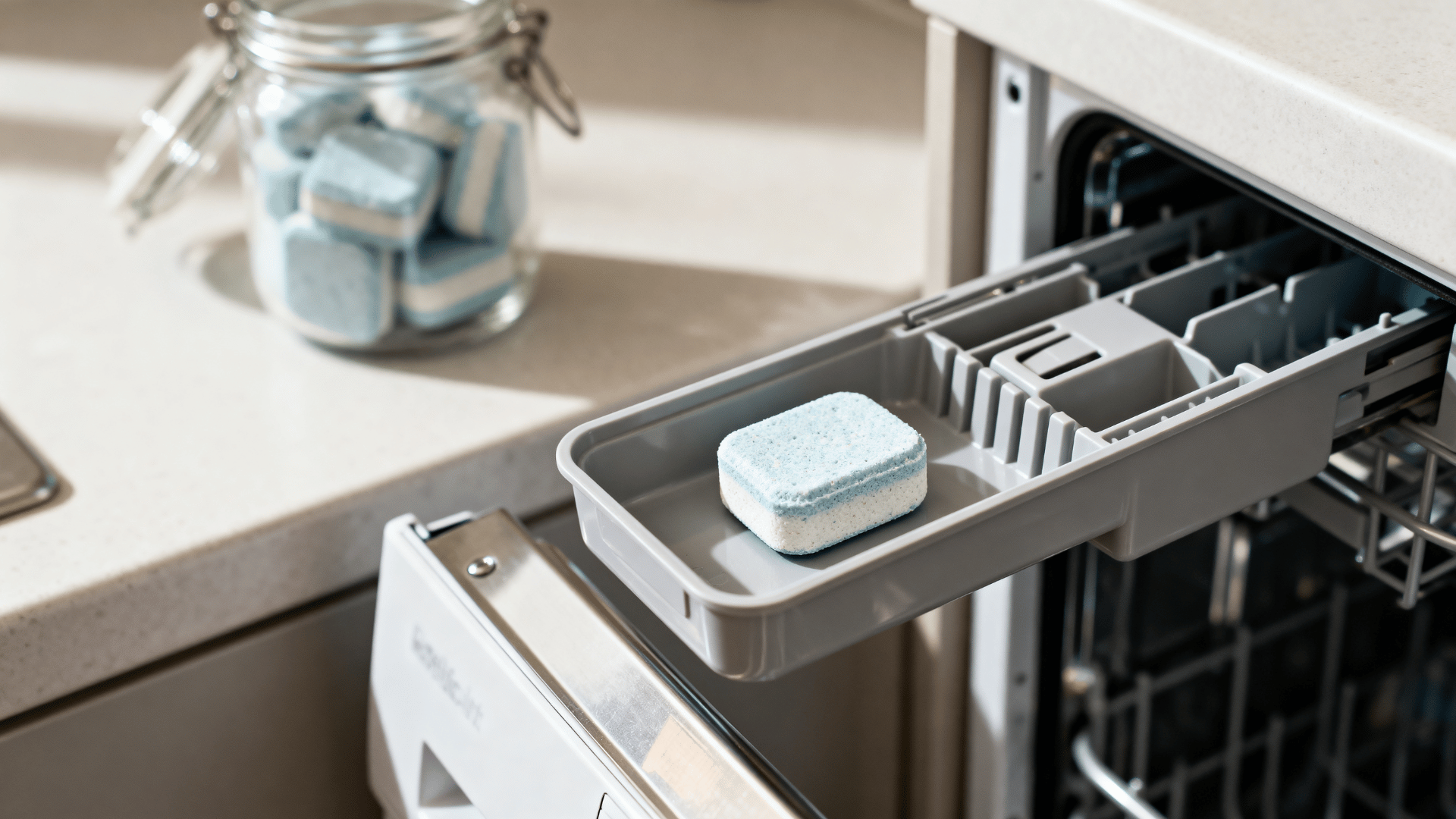 one homemade dishwasher tablet in the detergent cup