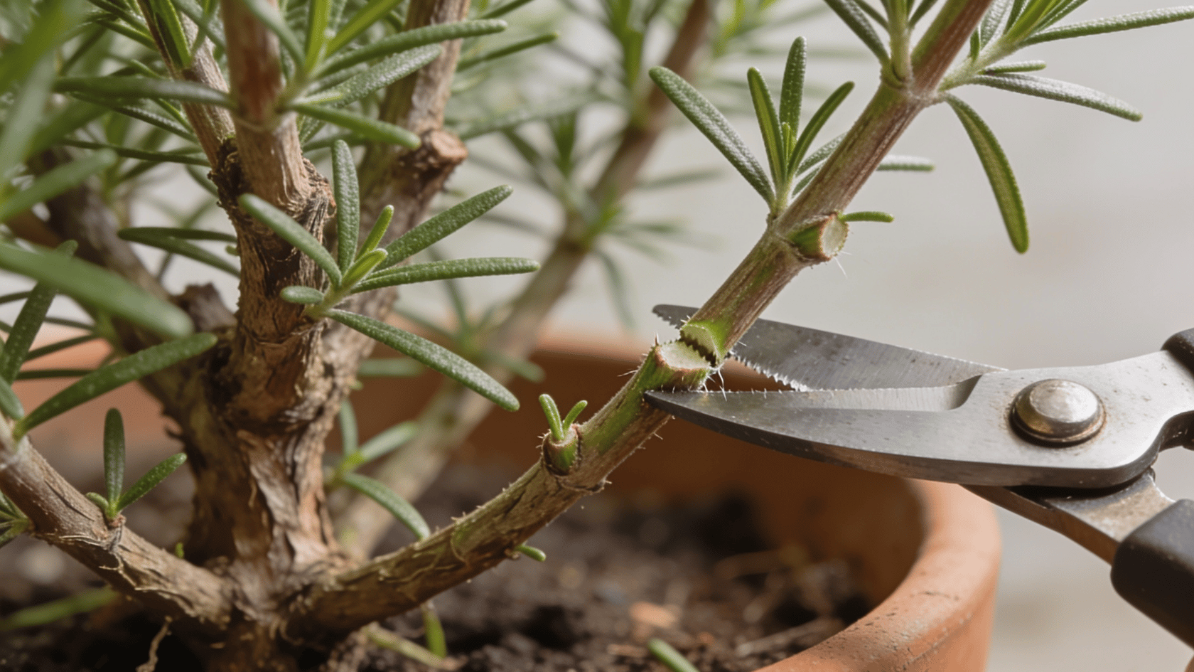 Pruning rosemary plant stem with garden shears cutting a branch close-up in a pot.